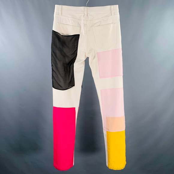HELMUT LANG White Multi-Color Patchwork Cotton Silk Zip Fly Jeans - Picture 2 of 5